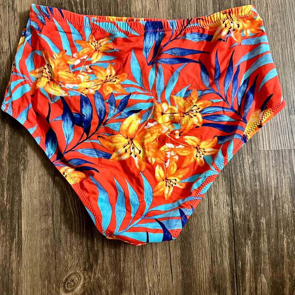Orange and Blue High-Waisted Bikini with Tropical Print - Picture 3 of 3